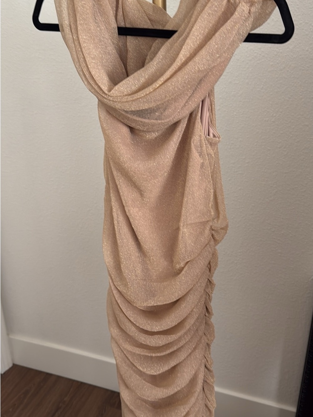 Express Shimmery Champagne Ruched Evening Dress